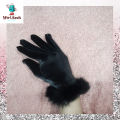 Women's Girl's Black Winter Velvet Gloves With Frr Cuff On Wrist. 