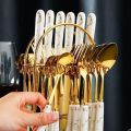 24 Piece GOLDEN Hanging Cutlery Set & Holder/Stand, Elegant Life Cutlery Set, Stainless Steel and Mirror Polishing Dinnerware Sets, Multifunctional Use for Home and Kitchen. 