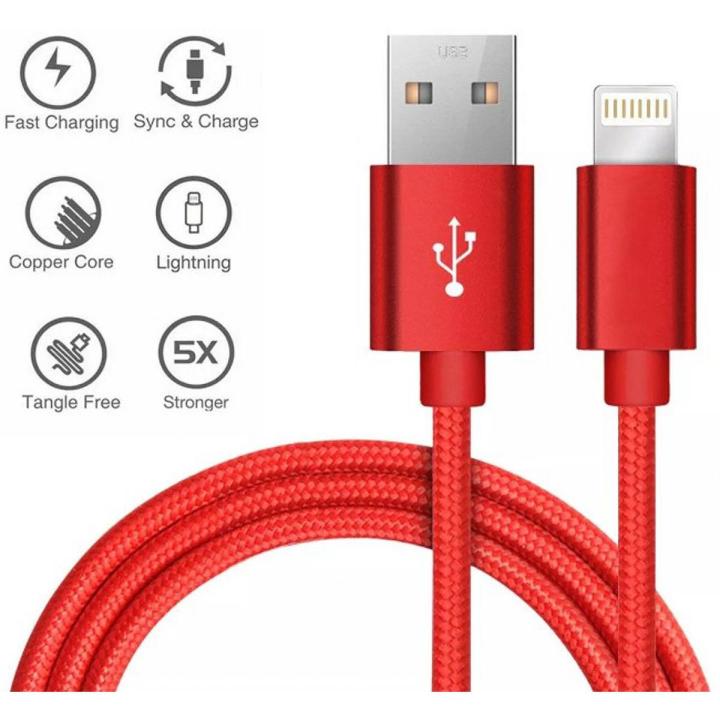 Lightning Cable 2A Fast Charging Cable for iphone – QC 3.0 High Nylon Braided Data Cable for Apple/iphone Devices - 1 Meter / Heavy Duty Metal Braided Lightning USB Charger Cable Fast Charging Cord compatible with iPhone Red