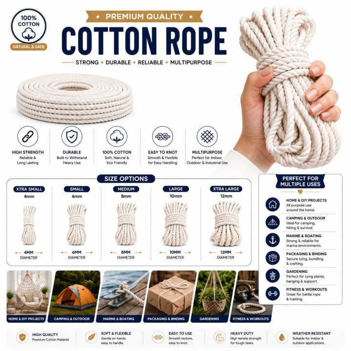 Premium Nylon Rope Heavy Duty White Plastic Rope Multipurpose Strong Durable Clothesline Camping Utility Rope 4mm 6mm 8mm 10mm 12mm