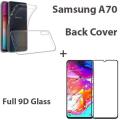 Samsung Galaxy A70 Full Black 9D5D6D10D11D21D Tempered Glass Screen Protector Full Glue Edge To Edge + Back Cover Transparent Soft Silicone Crystal Clear Case Cover For Samsung Galaxy A70. 