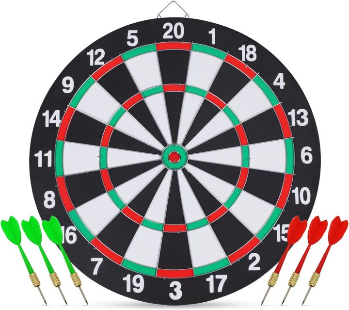 Dart Board Set Double Sided Target Shooting Board Game with 6 Steel Plastic Darts for Adults Kids, Rooms, Family 16 Inches