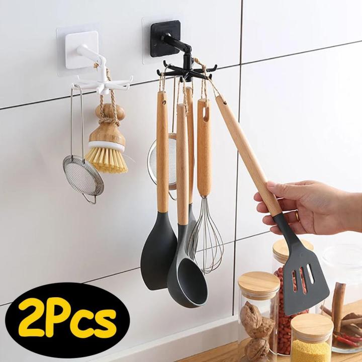 360 Degrees Self-Adhesive Hook Kitchen Bathroom Storage Hanger Wall Hanging Cabinet Shelf Rotating Folding Hooks Foldable Rotatable Mounted Organizer Holder Moisture Proof Swivel Seamless Hangers Mount Adhesive Strong Bearing Manual Detachable