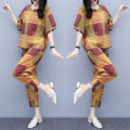 bellylady 2Pcs/set Lady Short Sleeve -shirt + Ninth Straight Bottom Pants Summer Plaid Casual Suit. 