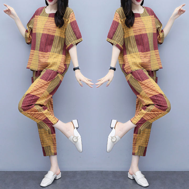 bellylady%202Pcs/set%20Lady%20Short%20Sleeve%20-shirt%20+%20Ninth%20Straight%20Bottom%20Pants%20Summer%20Plaid%20Casual%20Suit%20-%20Image%209