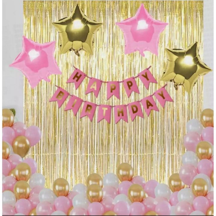 Beautiful Golden & Pink Birthday Decoration Set For Girls & Babies (Including Birthday Banner + 30 Balloons & Curtains 6 Feet Long with Combo Of Pink & Golden Stars-Happy Birthday Decorations & Themes -Birthday & Party Items- Birthday Supplies