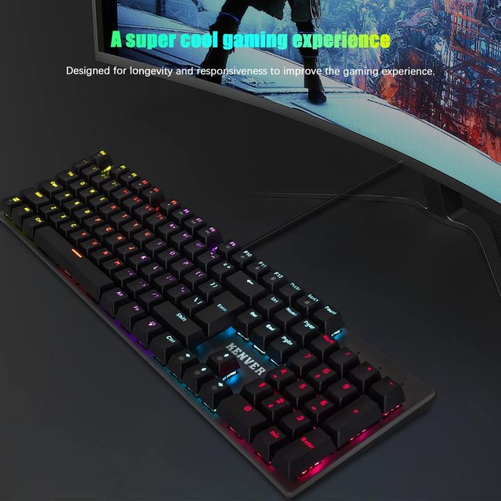 KENVER%20MK100%20Wired%20Mechanical%20Gaming%20Keyboard,%20Backlit%20LED%20Keys,%20%20Blue%20Switches%20Anti-Ghosting%20Keys%20Layout%20Backlight%2013%20Modes%20Water%20Resistant,%20Dust%20Resistant,%20104%20Comfortable%20Floating%20KeysAdjustable%20RGB%20&%20Breathing%20RGB%20Adjustabl%20for%20PC%20Gaming/Working%20Black%20-%20Image%202