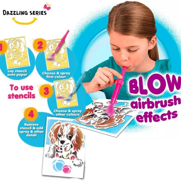 Cooky Amazcolor Blo Pens Animal Set Pack of 10 Blow Pen, 6 Reusable Stencils Non-Toxic, Washable Art and Craft Material