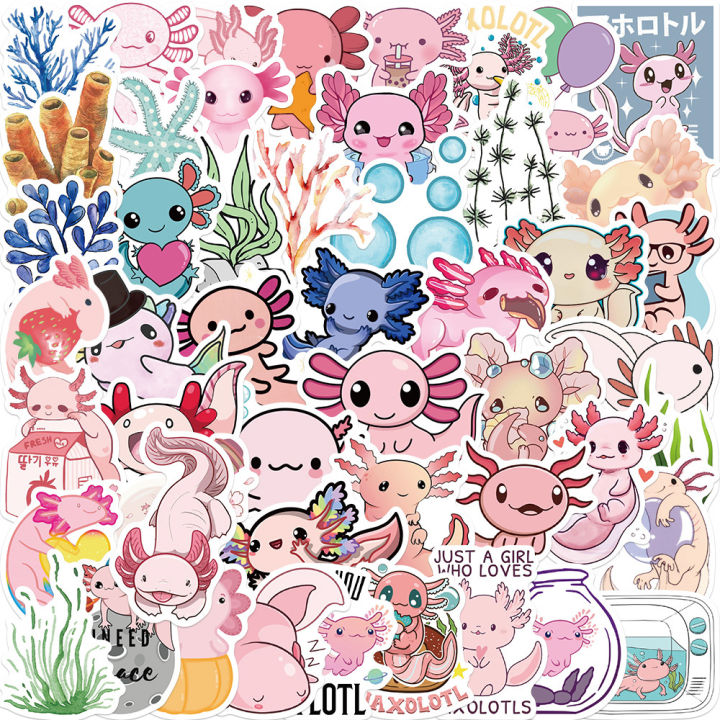50pcs Axolotl Kawaii Stickers Mixed Cartoon Pet Salamander Decal DIY Toys Bicycle Helmet Motorcycle Skateboard Sticker for Kids Gifts Toys