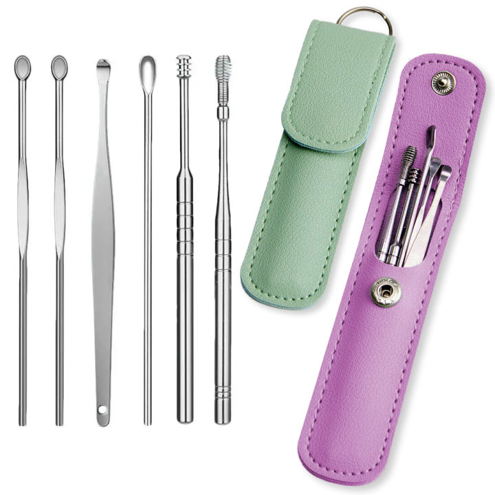 6Pcs Ear Wax Cleaning Kit with Leather Bag, Ear Pick Spoon Spiral Cleaning Tool Set, Beauty Care Wax Removal Kit, Curette Remover, Spring Earwax Cleaner Remover, Reusable Ear Cleaner for Children and Adult