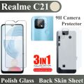 Realme_C21 Tempered Glass Screen Protector 2.5D Polish Glass Guard + Back Matte Protector Anti-Slip Soft Skin Sheet Film Protection With Sides Cover + 9H Flexible Camera Lens Glass Protector For c21 - Transparent. 