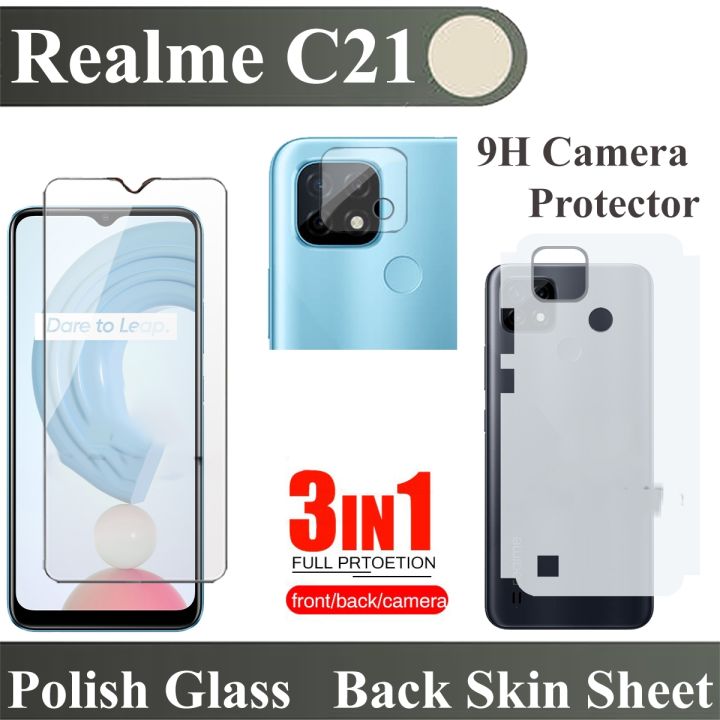 Realme_C21 Tempered Glass Screen Protector 2.5D Polish Glass Guard + Back Matte Protector Anti-Slip Soft Skin Sheet Film Protection With Sides Cover + 9H Flexible Camera Lens Glass Protector For c21 - Transparent