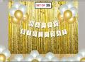 White Happy Birthday Banner with Background Golden Curtain and Balloons  Set. 