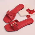 Women Fashion Luxurious Glowup Buckle Slides Style Flat Slippers, Sandal Perfect for Summer Wear - Comfortable and Stylish for Any Occasion Red, Orange. 