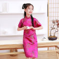 Kidlove Girls Short-sleeved Cheongsam Dress Comfortable Breathable Button Collar Low Split Design Chinese Traditional Costume For School Party. 