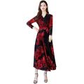 V-Neck Long Sleeve Long Ladies Floral Print A-line Casual Women Dresses. 