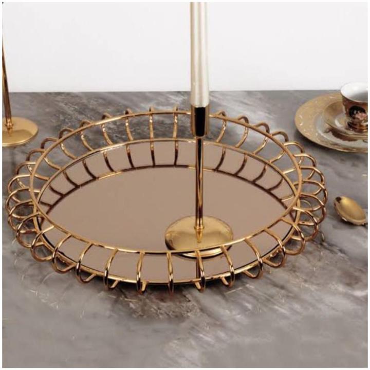 Golden geometric mirror tray golden home crafts decoration restaurant metal tray with glass living room decoration accessories