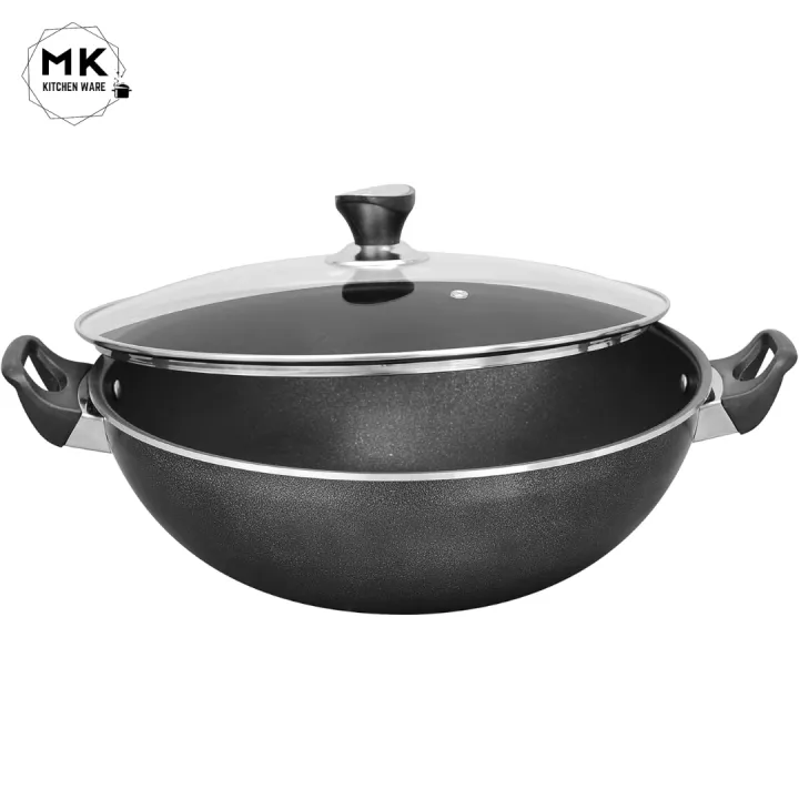 Sonex Non-Stick Cooking Wok (Karahi) with Tempered Glass Lid – Heavy ...
