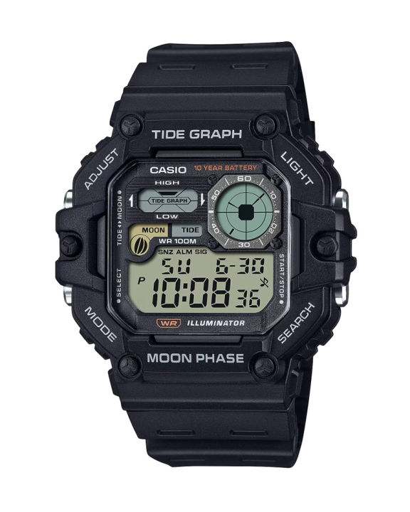 Casio General Mens Black Resin Case Round Digital World Time, Moon Data, Tide Graph, Stop Watch, Alarm, LED Light, Multi-Function Black Dial Black Resin Strap Watch-WS-1700H-1AVDF