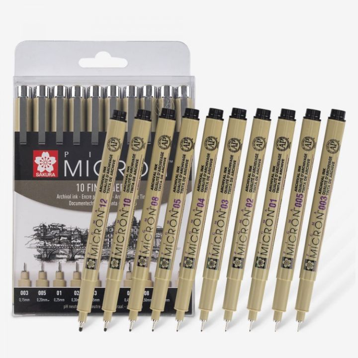 SAKURA Pigma Micron Fineliner Pens Wallet Set of 10 Black - Archival Black Ink Pens for Writing, Drawing, or Journaling - Assorted Point Sizes
