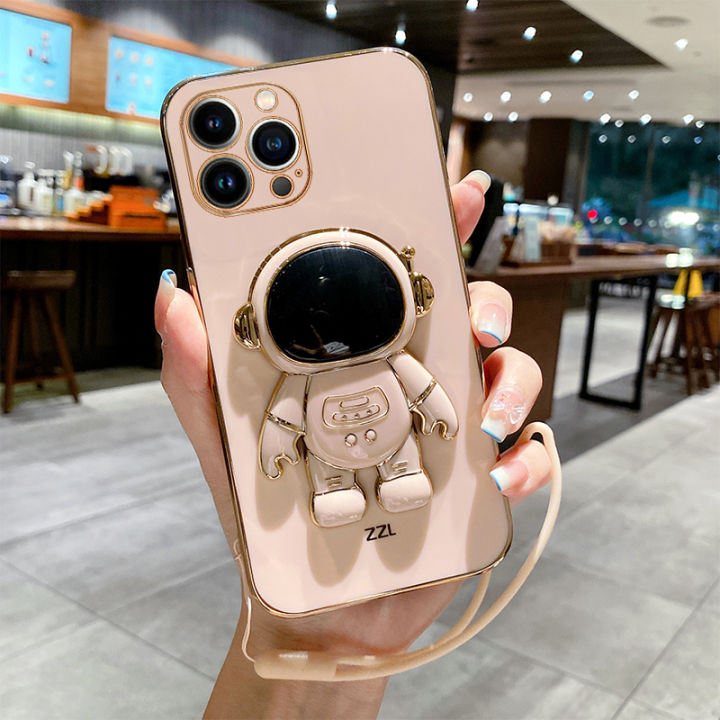 Maitus for iPhone 14 Pro Max Back Cover with Lanyard Astronaut Folding Bracket Stand Luxury 6D Plating Fancy Cases Boys Girls Square Bumper Soft Silicone Mobile Phone Case Pouch