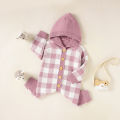 Newborn Hooded Knit Jumpsuit, Toddler Casual Plaid Pattern Long Sleeve Button Romper. 