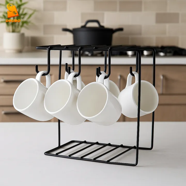 Cup Rack For Table 6 Hook Metal Coffee Cup Rack – Black Kitchen Cup Holder Stand | Hanging ...