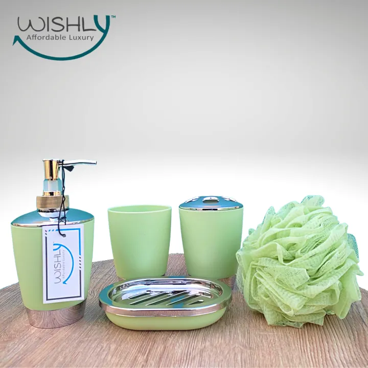 Wishly%20Plastic%20Bathroom%20Accessory%205%20Pcs%20Set%20Plain%20Mod%20Design%20Soap/Hand%20wash%20Dispenser,%20Bathroom%20Tumbler,%20Soap%20Dish,%20Toothbrush%20Holder,%20Toothbrush%20Cup%20&%20Shower%20Loofah%20Ball/Sponge%20for%20Countertop%20Home%20Decor%20Housewarming%20Gift%20Set.%20-%20Image%203