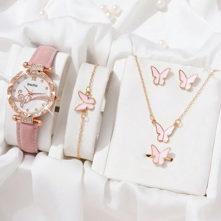 Fashion Watch Set: 6pcs Cute Elegant New Women's Watch Set with Butterfly Jewelry, Luxury and Fashionable Wristwatch for Girls