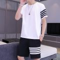 Black stripped printed summer short tracksuit round neck half selves Tshirt + short  wear tracksuit for men and boys. 