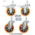 Castor 4Inch Wheels 4Pice Set Heavy Duty PU Rubber Swivel Trolley Furniture Caster with Brakes Orange. 