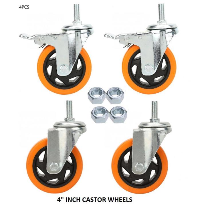 Castor 4Inch Wheels 4Pice Set Heavy Duty PU Rubber Swivel Trolley Furniture Caster with Brakes Orange