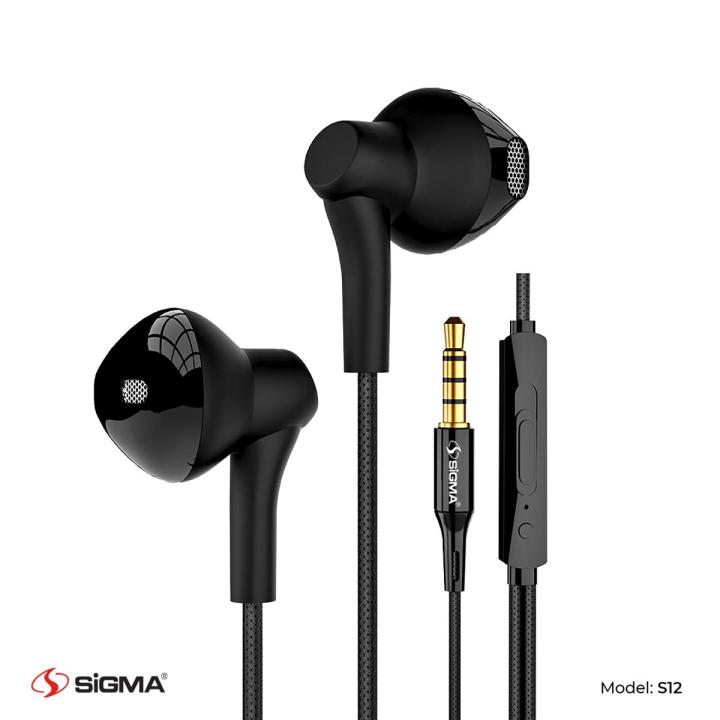 Sigma S12 – In-Ear Headphones with Inline Remote Control, Powerful Bass, Clear Sound, Comfortable fit and Microphone in Black/White