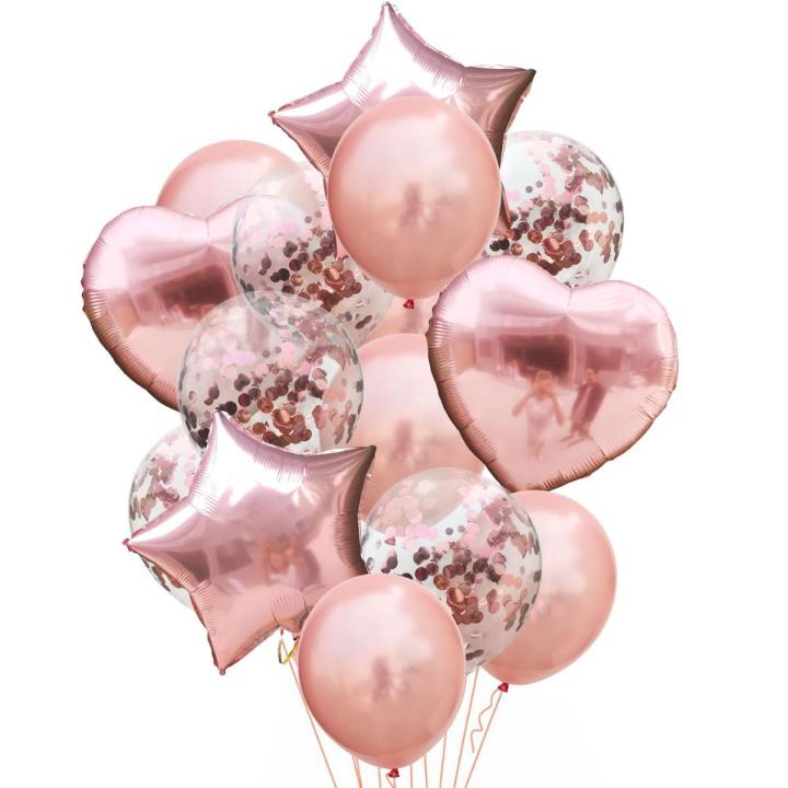 14Pcs Balloons Decoration Set (Star Shaped, Heart Shaped, Confetti Filled transparent Balloons and Latex Party Balloons) for Happy Birthday theme, wedding Anniversary, welcome Party, Baby shower, Bridal Shower and other events.