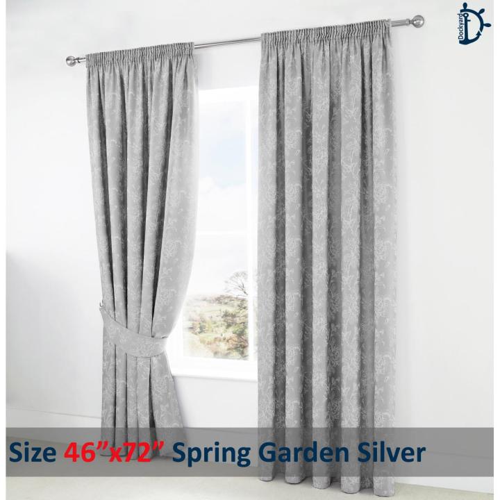 Jacquard Curtain Pair, Lined Tape Top Jacquard Curtains - Spring Garden Silver Grey - 2 Pieces Window Curtain with Tie Back Pair