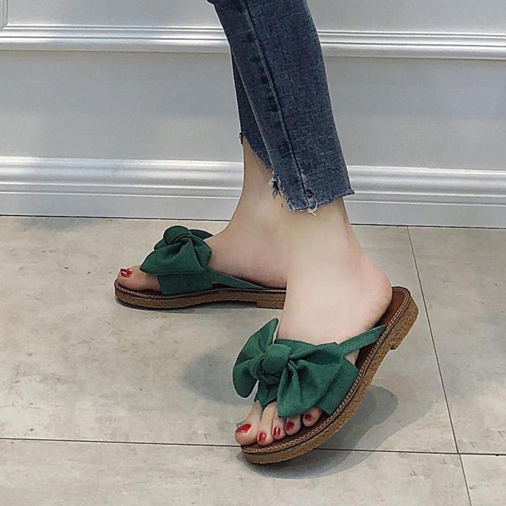 Womens%20Ladies%20Girls%20Korean%20for%20Solid%20Color%20Bow%20tie%20Heel%20Sandals%20Slipper%20Beach%20Women%20Casual%20Flat%20Fashion%20Shoes%20Work%20-%20Image%202