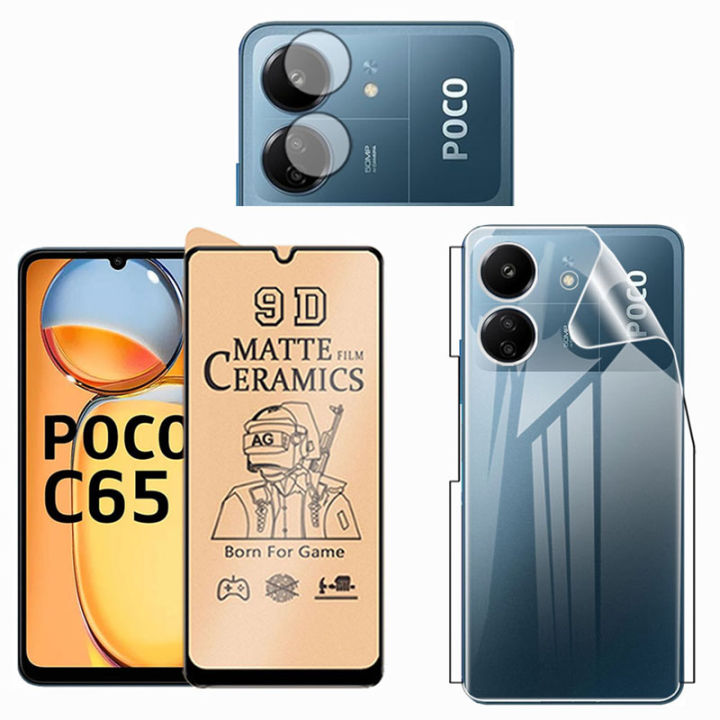 Pack of 3 - Xiaomi Poco C65 Ceramic Matte Glass Protector Gorilla Tempered Glass Screen Protector Guard + Back Jelly Protector Soft TPU Hydrogel Jell Film Protection + 9H Camera Glass Protector For Lens Glass xiaomi poco c65 - Transparent