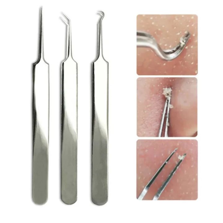 3 pcs Acne Needle Pliers Blackhead Defects Comedone Acne Blemish Extractor Needle Tweezer Pimple Remover Tool 3 Designs Face Care