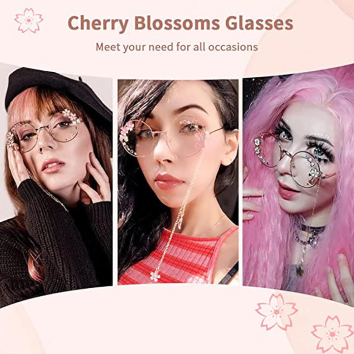 Cosplay Cute Sakura Eyeglasses Retro Round Glasses Lens for Men Women Metal Frame Kawaii Glasses With Chain