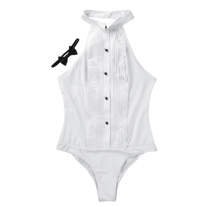 Womens One-piece Body Shirt Sleeveless Haltered Wing Tip Collar Backless Tuxedo Shirt Bodysuit with Bow Tie Work Wear Bodysuits