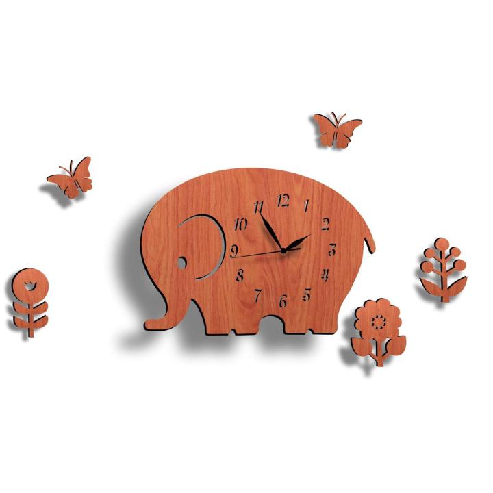 Elephant Nursery Clock, Elephant Shape Wooden 3D Wall Clock With Butterflies & Plants
