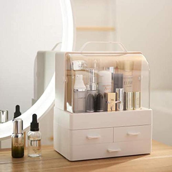 Modern Cosmetic Organizer Makeup Storage Holder, Display Make up Caddy Shelf Organization Boxes Case Dustproof, Handle and Drawer on Countertop