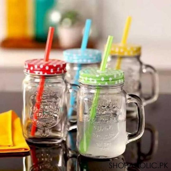 Glass Mason Jar Cups with Handle, Lid and Plastic Straws - Mason Jar Mugs For Cold Beverages - 500ml