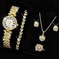 Fopul Mall 6PCS Set Quartz Watch Women Ring Necklace Earrings Rhinestone Fashion Wristwatch Female Casual Ladies Watches Bracelet Set. 