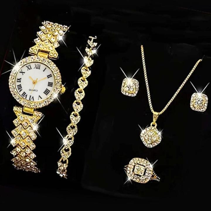 Fopul Mall 6PCS Set Quartz Watch Women Ring Necklace Earrings Rhinestone Fashion Wristwatch Female Casual Ladies Watches Bracelet Set