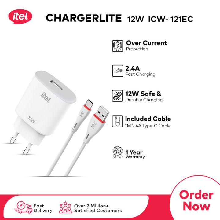 itel ICW-121EC Wall Charger, Type-C Fast Charging Adapter, 2.4A Output, Compact Design with Wide Compatibility and Multi-Protection Safety, Ideal for Fast and Safe Charging on the Go
