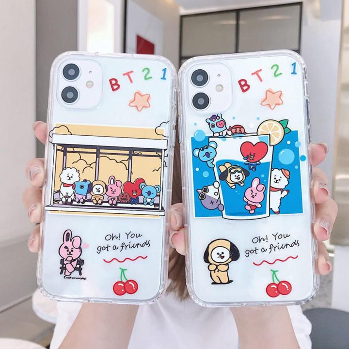 bt21 Kawaii Anime Kpop CHIMMY TATA COOKY Mobile Phone Case Iphone11 12 13Pro Cartoon Cellphone Cover Transparent Anti-Drop Shell