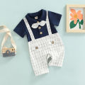 Baby Boy's Romper, Lapel Collar Short Sleeve Bow-Tied Plaid Printed One Piece Patchwork Jumpsuit. 