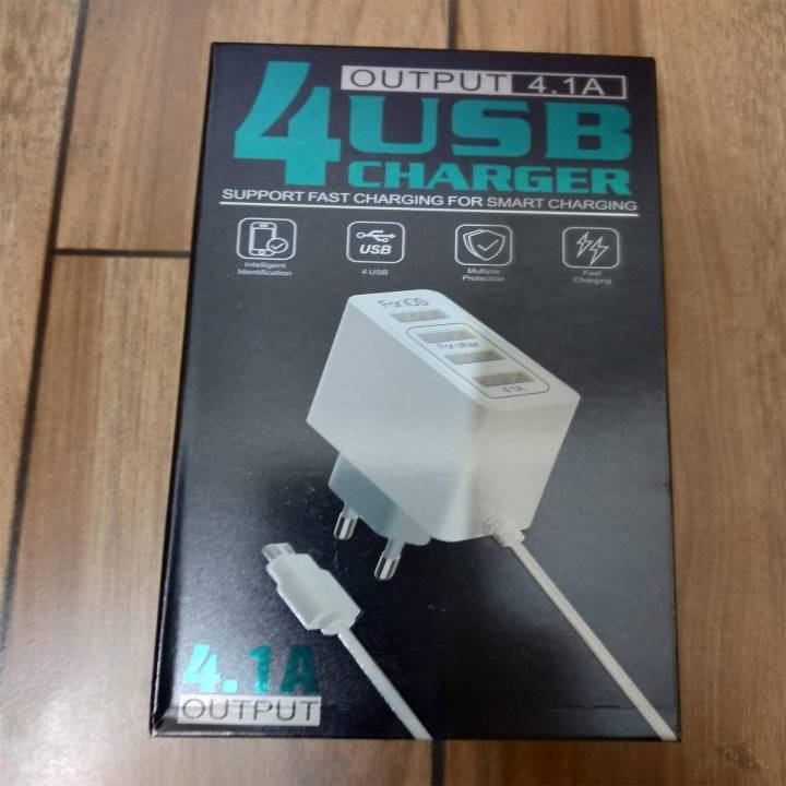 Imported High Quality Original 4 USB Charger 4.1A / Original Fast Charger / Adaptive Quick Wall Travel Adapter / Imported Charger / Mobile Charger / 4 USB Charger / Smartphone 4 USB Charger Art # 4.1A (1 Pcs)