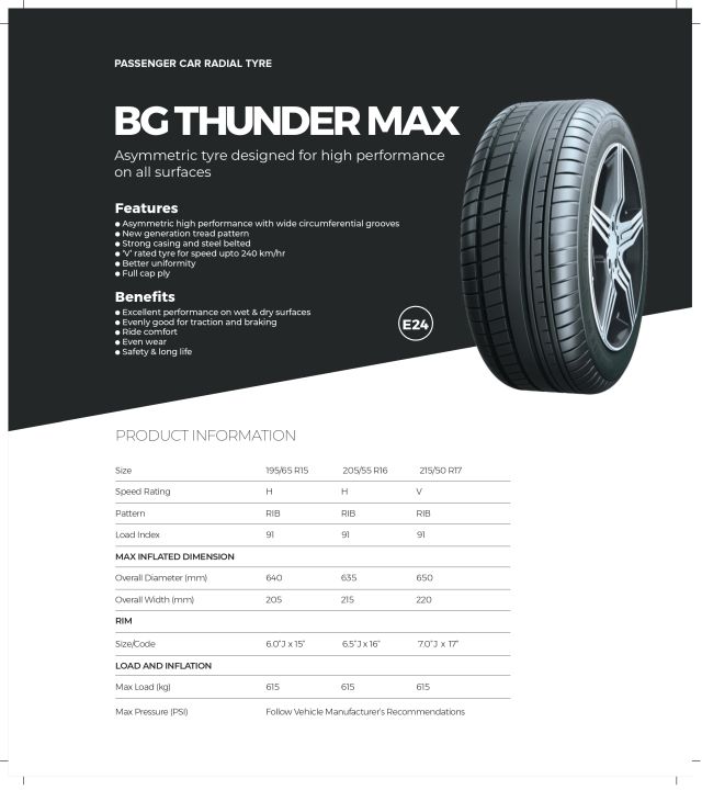 GTR TYRES 195/65R15 BG THUNDER MAX|WITH NOZZEL| FOR HONDA CITY,COROLLA,CIVIC,YARIS(EACH TYRE PRICE)